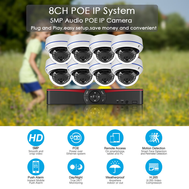 8CH 5MP طقم NVR الوجه كشف الصوت المخرب واقية قبة 5MP POE IP كاميرا CCTV نظام الأمن نظام مراقبة بالفيديو المنزلية
