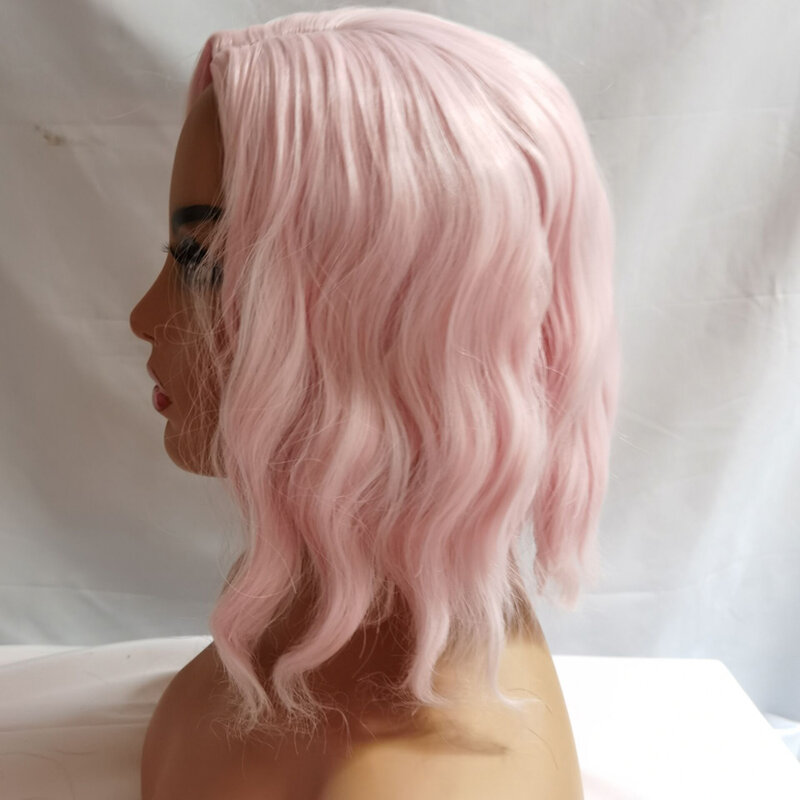 غريب الاطوار ث خصلات الشعر المستعار الاصطناعية قصيرة للنساء الوردي موجة المياه الطبيعية بوب مقاومة للحرارة شعر مستعار