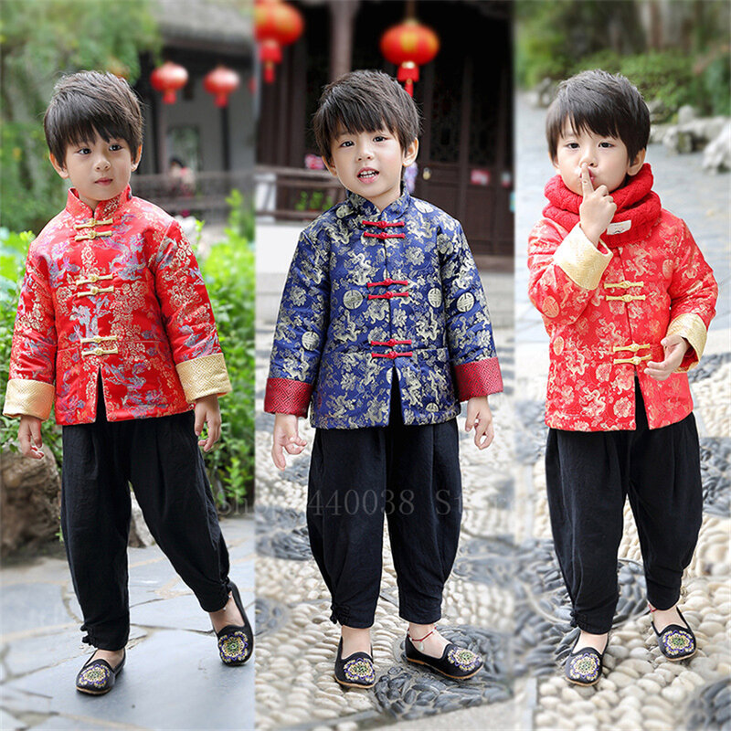 السنة الجديدة الصينية التقليدية الملابس للأطفال طفل صبي مهرجان الرجعية يتوهم الذهبي التنين مطبوعة الحرير تانغ دعوى أعلى فستان أطفال مع سروال داخلي