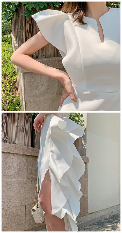 فستان أبيض صغير فرنسي تصميم متخصص ثلاثي الأبعاد مكشكش غير منتظم هيم سليم صالح فستان الورك فساتين