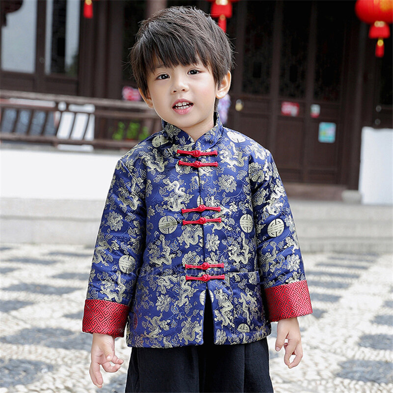 السنة الجديدة الصينية التقليدية الملابس للأطفال طفل صبي مهرجان الرجعية يتوهم الذهبي التنين مطبوعة الحرير تانغ دعوى أعلى فستان أطفال مع سروال داخلي