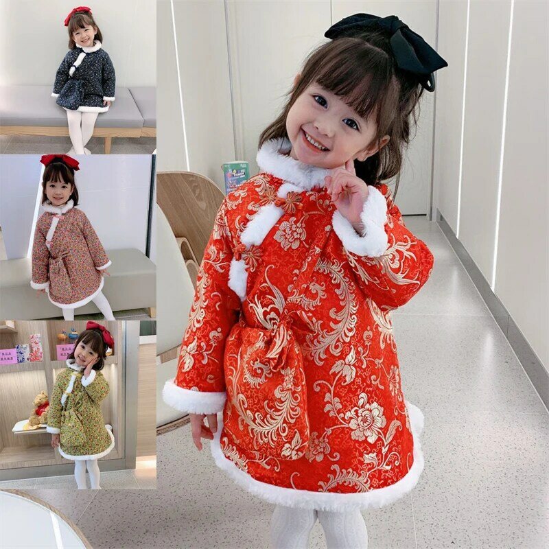 8 اللون التقليدية الصينية تشيباو السنة الجديدة طفل فتاة تانغ دعوى الأطفال Hanfu الربيع مهرجان ازياء الشتاء سميكة القطن الفراء