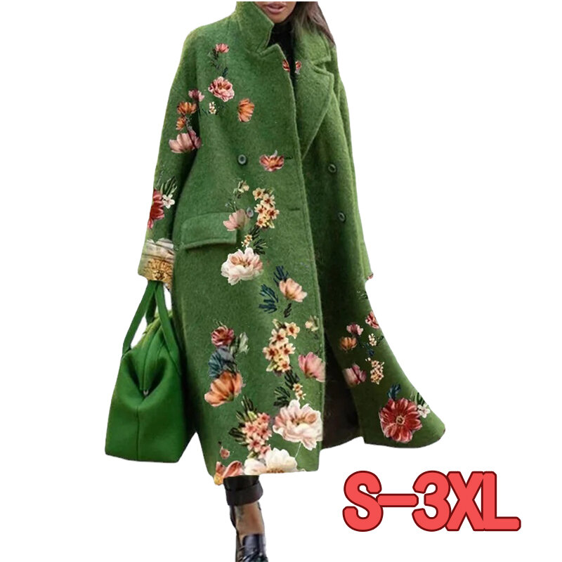 الشتاء Vintage طباعة معطف طويل من الصوف بلون الموضة بدوره إلى أسفل طوق فضفاضة المناسب الصوفية الأخضر معطف سترة أنيقة عادية