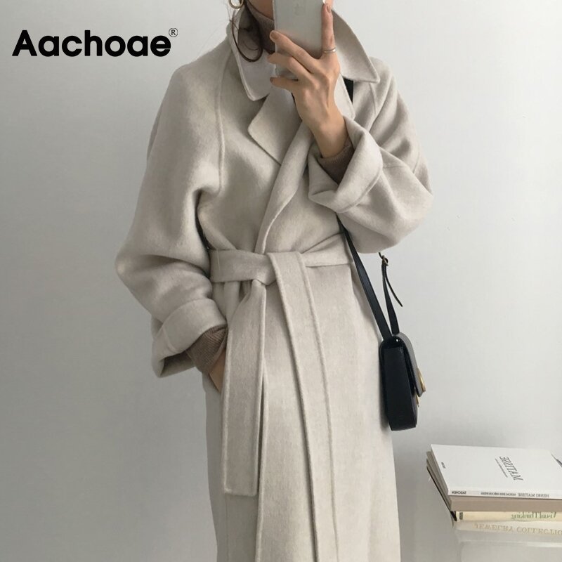 معطف صوف طويل أنيق للنساء من Aachoae مع حزام بلون سادة وأكمام طويلة ملابس خارجية أنيقة معطف نسائي لخريف وشتاء 2021
