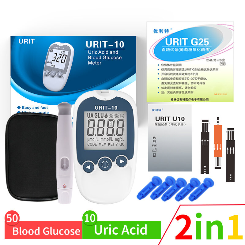 URIT 2 في 1 متعددة الوظائف شاشة جلوكوز الدم حمض اليوريك متر غلوكمتر السكري النقرس اختبار السكر في الدم اختبار شرائط