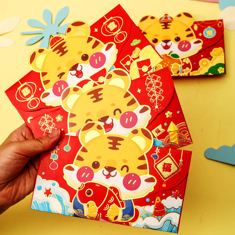 6 قطعة 2022 مهرجان الربيع الصيني محظوظ الأحمر المغلفات النمر سنة عملة جيب الحزم الحمراء السنة الجديدة التقليدية هونغباو شنطة هدايا