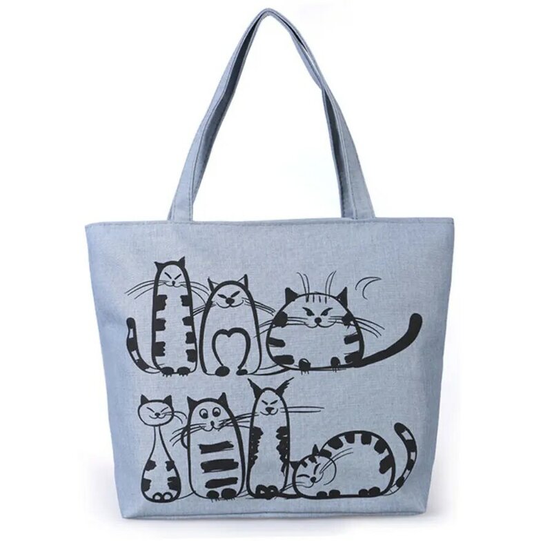 النساء القطط المطبوعة حقيبة الشاطئ سستة حقيبة حقيبة كتف قماش حمل حقائب التسوق الكرتون حقيبة يد
