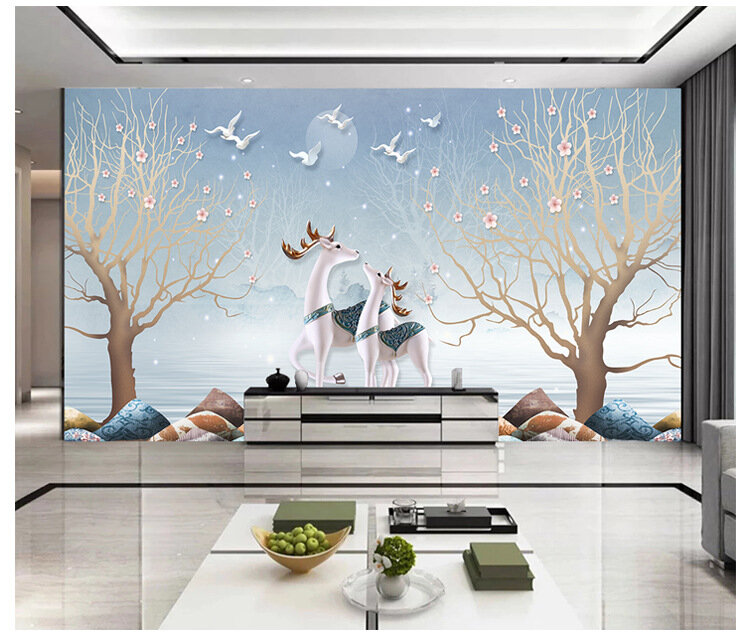 التلفزيون خلفية خلفية ثلاثية الأبعاد الحرير خلفية لغرفة المعيشة الأيائل الغابات نمط ديكور غرفة نوم