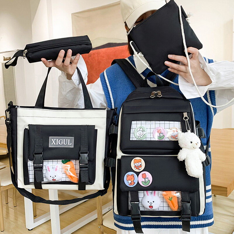 4 Pcs Sets Women Backpack Purple Colour Children's School Backpack Kawaii Backpack Bookbag School Bags For Teenage Girls Mochila