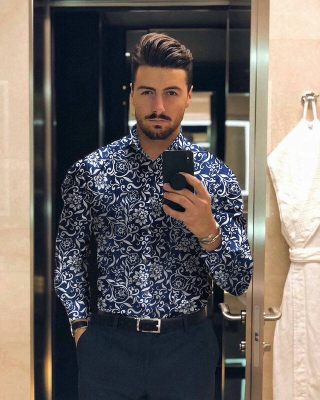 2021Camisas florales دي المانجا larga دي الفقرة hombres ، camisas estampadas يخدع فلوريس دي كورت دلغادو الفقرة hombres ، camisola