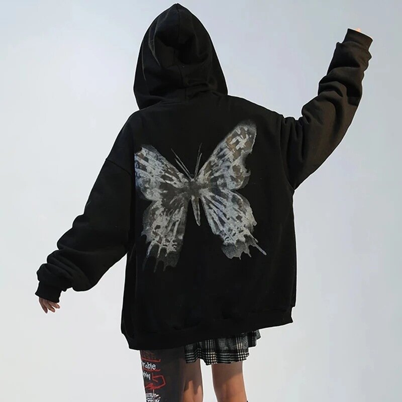 Goth Dark Butterfly Print Hoodies Jacket Y2K Women Punk Loose Zip Up Coat Autumn Hip Hop Hoody Harajuku Couple Streetwear