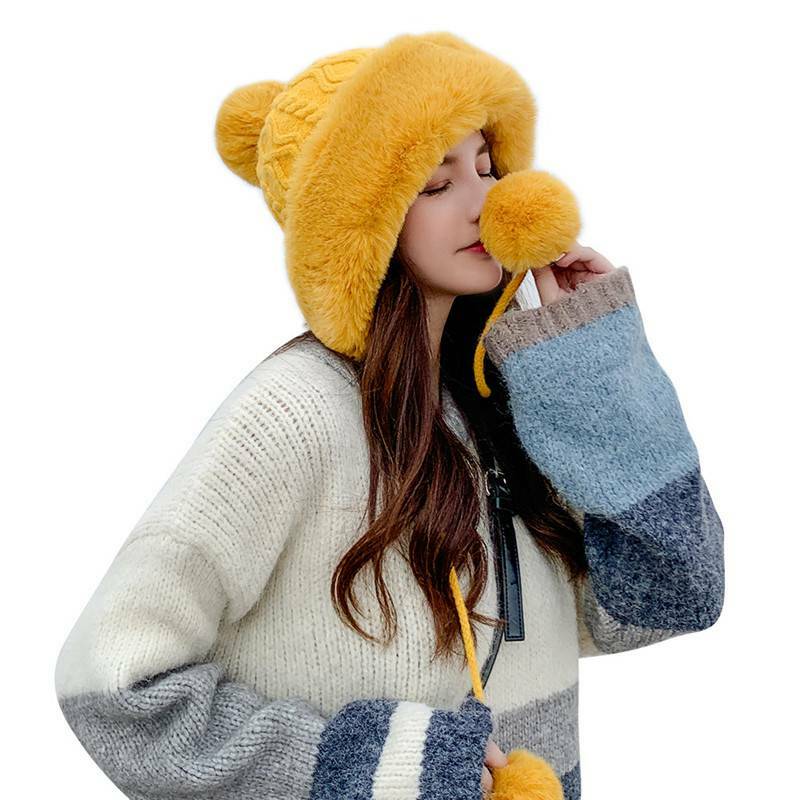 Women's Knitted Cap Beanie Furry Hat Pom Ball Faux Fur Pom Skiing