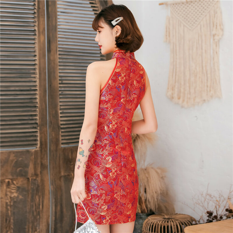 الساتان الصيف فستان صيني جديد Vestidso كبيرة الحجم 3XL الأحمر التقليدية المرأة بلا أكمام مثير Chwongsam مصغرة أنيقة تشيباو