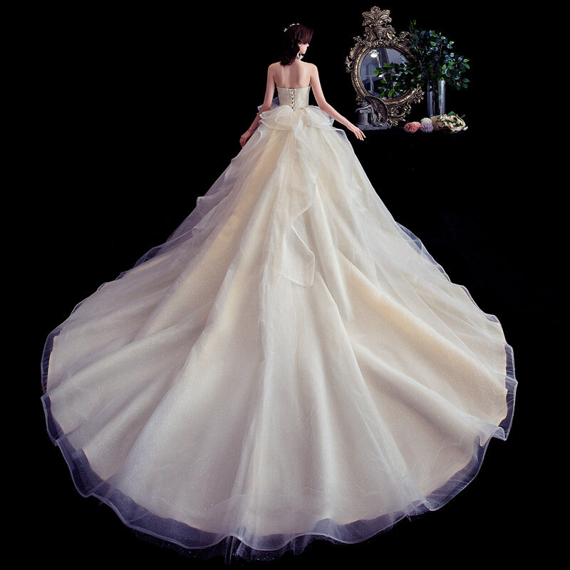 2021 فستان زفاف بدون حمالات مع فرشاة ذيل دانتيل حتى حفلة الزفاف ثوب كلاسيكي رداء De Mariee مخصص Vestido Noiva