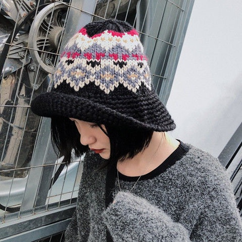 دلو القبعات المرأة عادية المرقعة النسخة اليابانية السائدة أنيق كل مباراة الشتاء الدفء محبوك الحلو بسيطة العطاء Ins