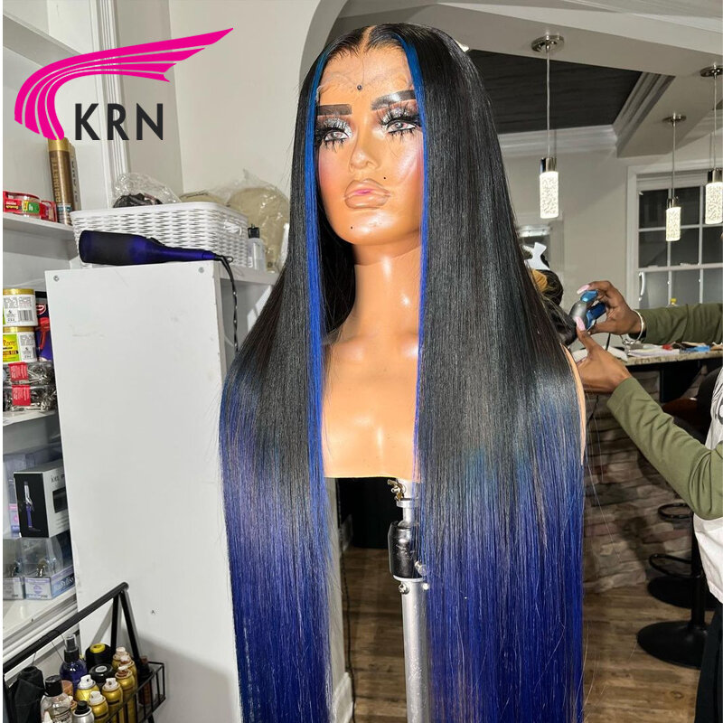 KRN أومبير اللون الأزرق 13x4 الدانتيل الجبهة الباروكات preplucted اللون الأزرق 180% الكثافة البرازيلي ريمي شعر طبيعي مفرود الباروكات للنساء