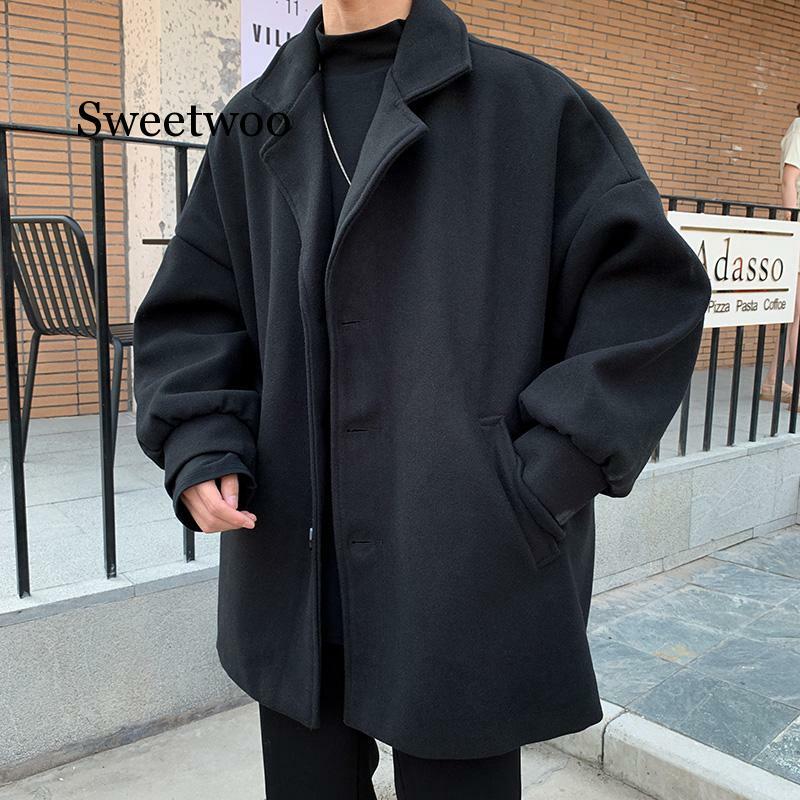 جديد الكورية الشتاء رجل الأزياء المد بدوره أسفل طوق الخفافيش كم فضفاض عارضة أسود/الكاكي اللون الصوف يمزج معطف معطف S-3XL