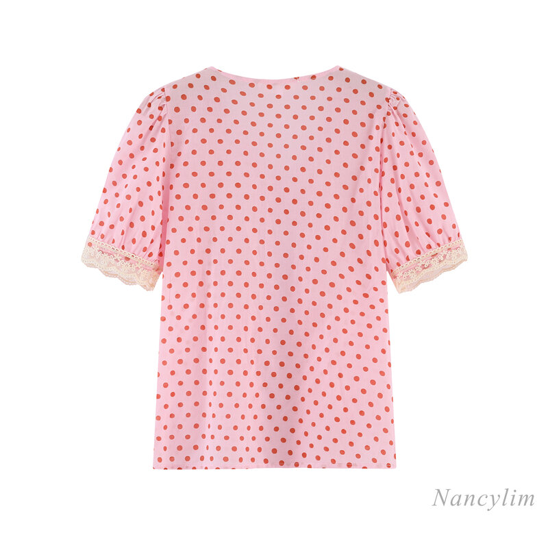 قميص نسائي أكمام قصيرة وردية عنق على شكل حرف v مكشكش مطرز بالخرز من الدانتيل قميص نسائي وردي صيف 2021