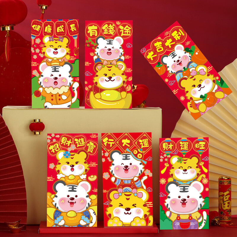 6 قطعة 2022 مهرجان الربيع الصيني محظوظ الأحمر المغلفات النمر سنة عملة جيب الحزم الحمراء السنة الجديدة التقليدية هونغباو شنطة هدايا