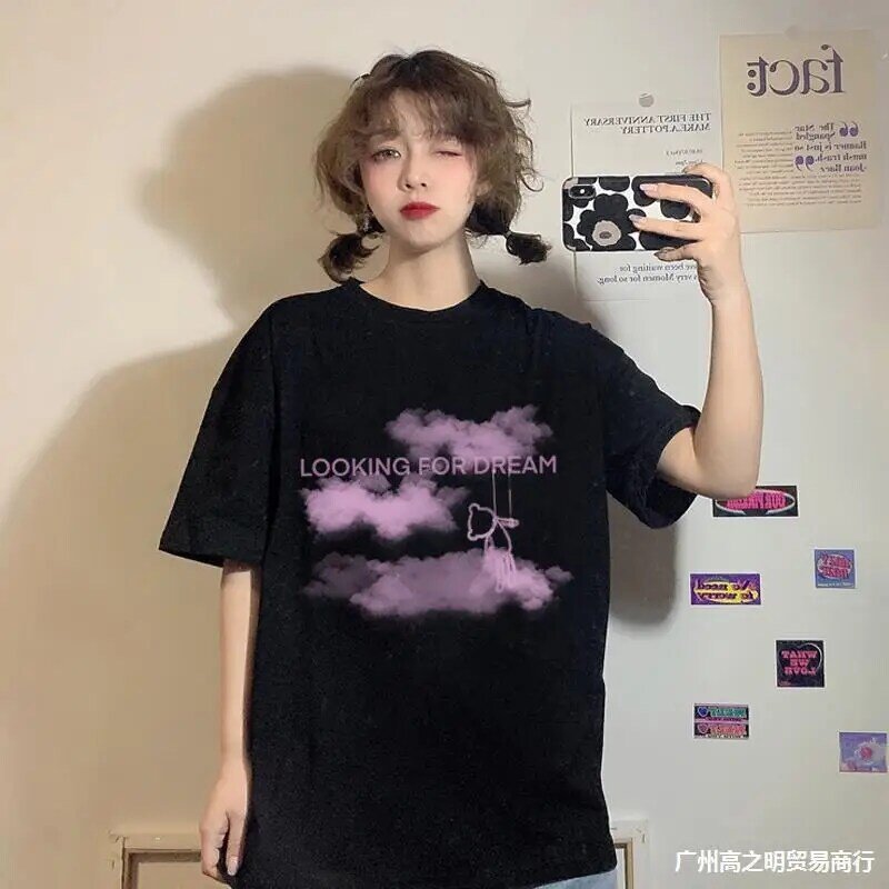 قميص أسود المرأة الصيف 2021 النسخة الكورية الجديدة من طالب فضفاض المعتاد قميص قصيرة الأكمام الملابس Kawaii Harajuku القمم