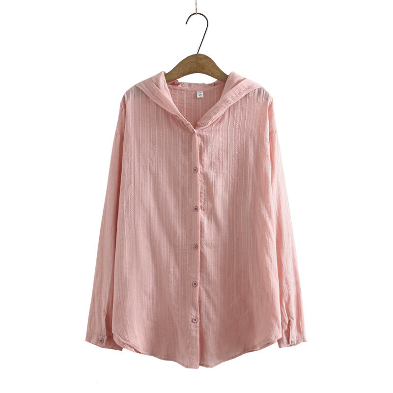 قميص صيفي من القطن للسيدات قمصان بأكمام طويلة مقاس كبير بلوزة فضفاضة كاجول بقلنسوة وخامة KKFY5606