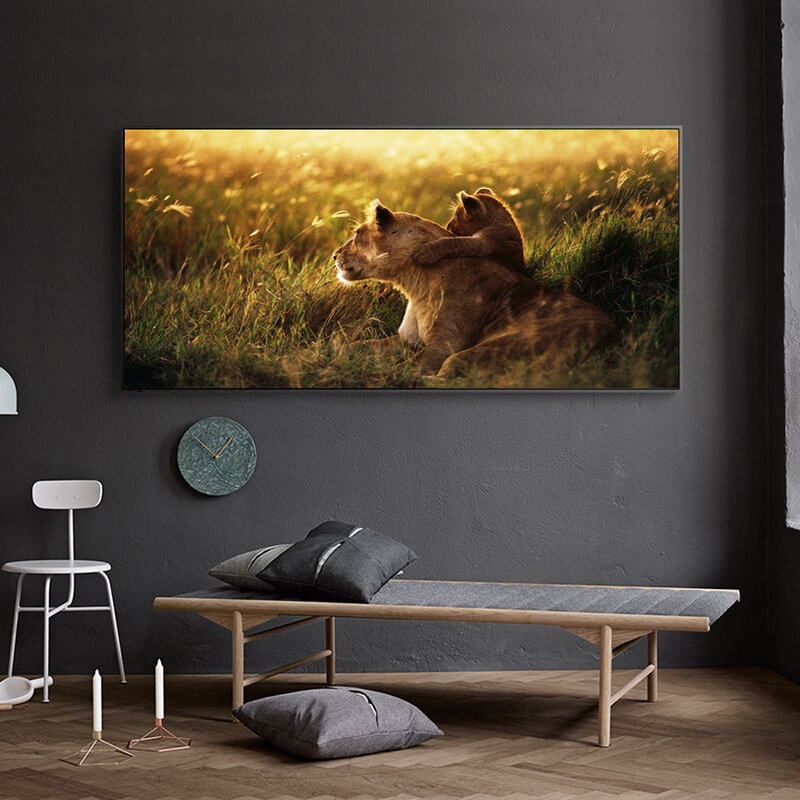 لوحة زيتية على شكل حيوانات أسد عشبي وأسد صغير لوحة قماشية فنية لغرفة المعيشة والمكاتب لوحة جدارية للديكور المنزلي
