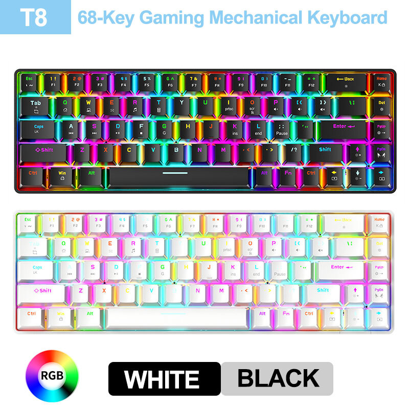T8 68 مفتاح لوحة مفاتيح الألعاب الميكانيكية 60% USB-C السلكية NKRO RGB الخلفية مقاوم للماء الأحمر/الأزرق/البني مفاتيح لأجهزة الكمبيوتر
