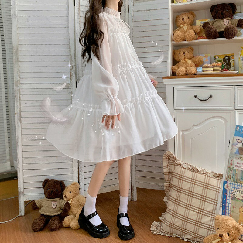 ربيع جديد اليابانية الحلو لوليتا فستان المرأة الكشكشة أبيض أسود الجنية فستان حفلة القوطية مضيئة كم الأميرة المتدرج فساتين