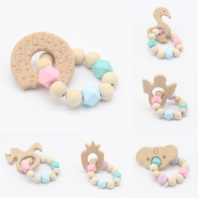 Baby Wood Teether Silicone Nursing Bracelets Silicone Beads Teething Wood Rattles Toys Baby Teether Bracelets Nursing Toys Gift