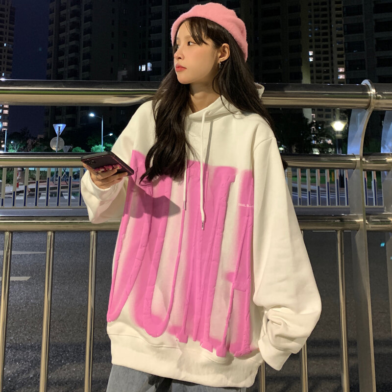 اليابانية Harajuku المرأة قمصان سويت شيرت بقلنسوة خمر الشارع الشهير الهيب هوب هوديس الكورية إلكتروني طباعة Preppy نمط المعتاد هوديي