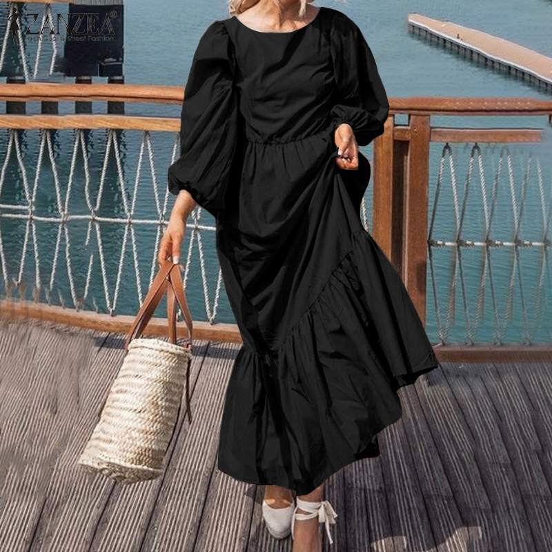 فستان نسائي أنيق من ZANZEA بتصميم فضفاض مكشكش للخريف وفستان 2021 بياقة مستديرة وأكمام طويلة متينة وأكمام طويلة فساتين نسائية كبيرة الحجم