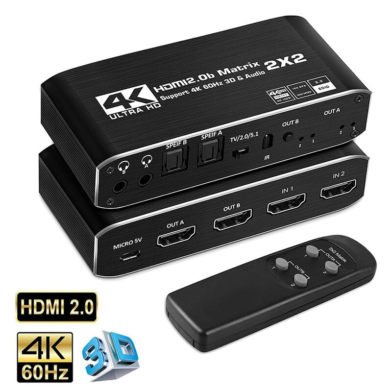 4K 60Hz HDMI مصفوفة 2x 2 موزع فصل دعم HDCP 1.4 HDR HDMI التبديل 2 في 2 خارج HDMI مصفوفة التبديل