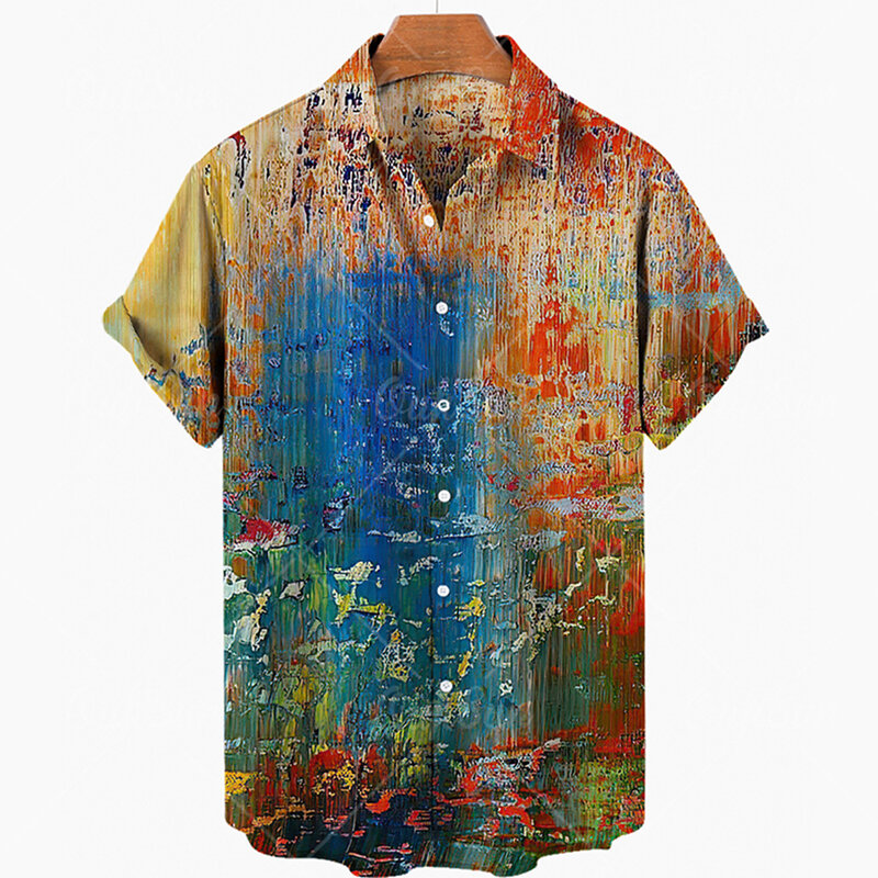 جديد الصيف النفط اللوحة ثلاثية الأبعاد شاطئ هاواي 2022 الصيف قميص قصير الأكمام قميص الشارع الشهير المتضخم قميص Camisa الاجتماعية الرجال