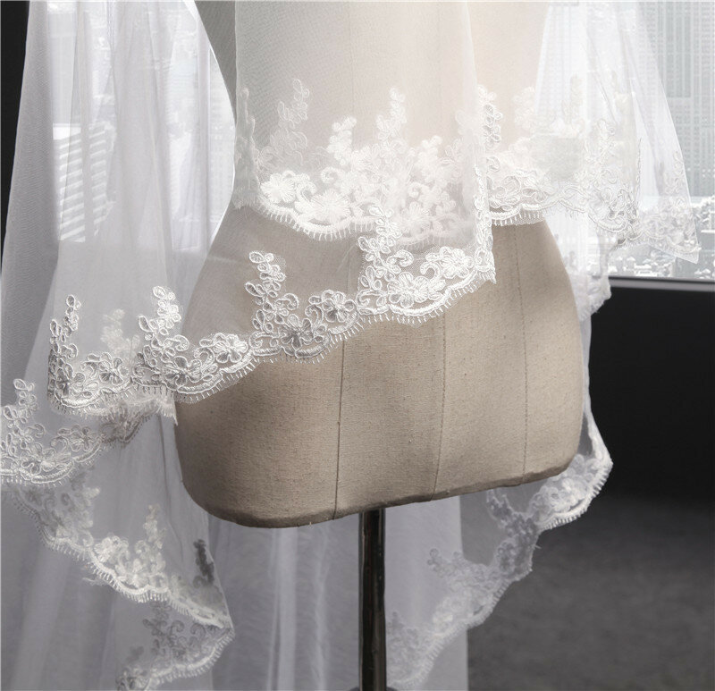 NZUK 2022 طرحة زفاف طويلة طبقة واحدة مع مشط زينة أنيقة 3 متر على شكل قلب نمط الدانتيل حجاب الزفاف الإكسسوار