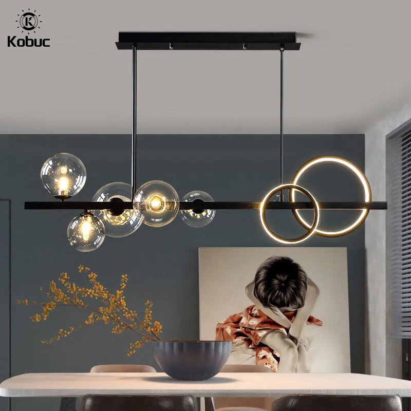 Kobuc جديد الشمال قلادة LED مصباح الذهب الأسود لغرفة الطعام طاولة المطبخ بار الثريا الحديثة كرة زجاجية مصباح معلق