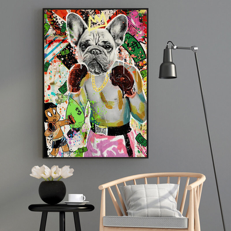 مضحك الملاكمة جرو مع تاج قماش اللوحة الحيوان الكتابة على الجدران المشارك و يطبع جدار الفن كوادروس صورة للمنزل ديكور هدية