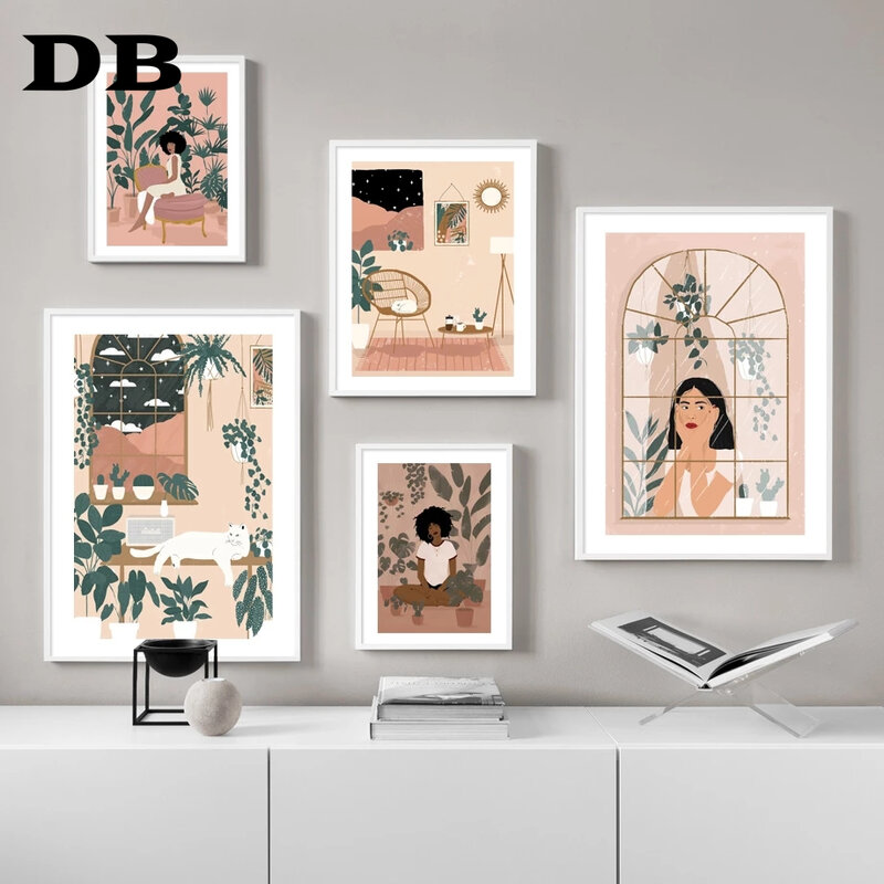 لوحة تجريدية لفتاة اليوجا ليوبارد القط الكلب الشمال المشارك الحديثة جدار الفن يطبع قماش اللوحة ديكور صور لغرفة المعيشة