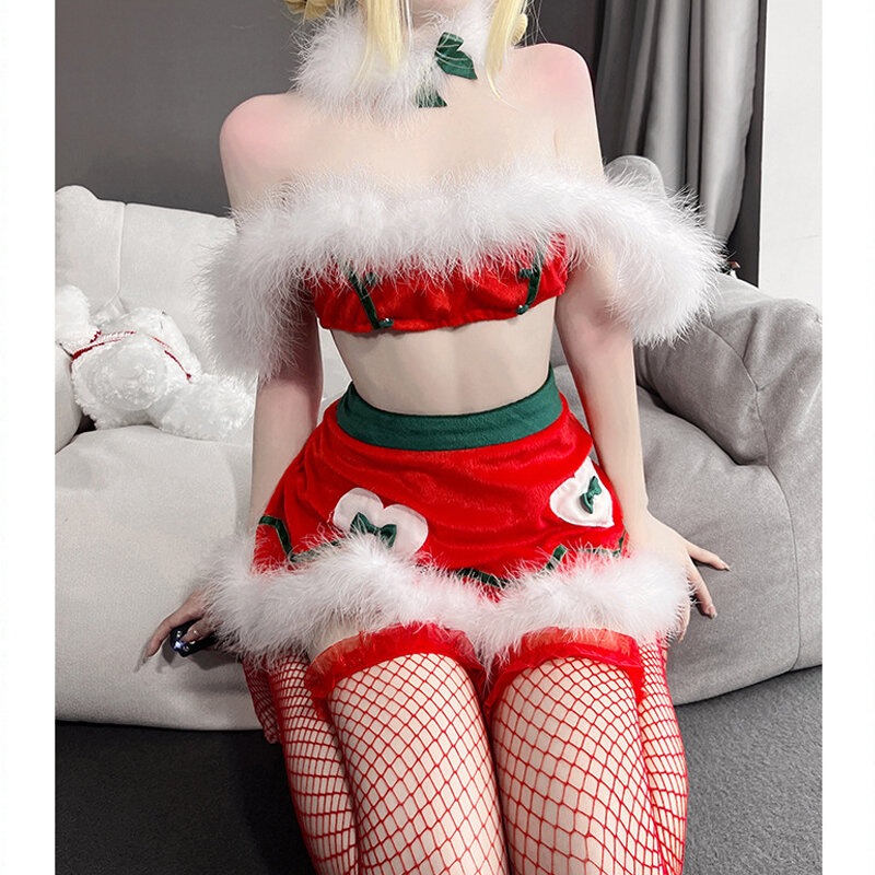 أنيمي لوليتا عيد الميلاد تأثيري الزي النساء الفتيات الأحمر المخملية رقيق القمم تنورة صغيرة عيد الميلاد مثير ازياء مع عقال الأيائل