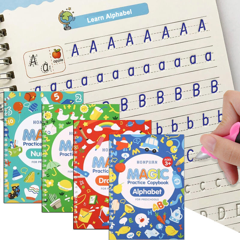دفتر خط سحري ثلاثي الأبعاد قابل لإعادة الاستخدام ، 4 كتب ، تعلم اللغة الإنجليزية ، الرسم ، الكتابة ، الخط للأطفال