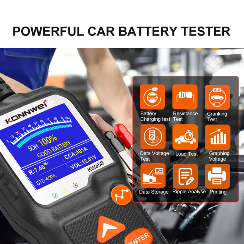 KW650 السيارات دراجة نارية batterytest 12 فولت 6 فولت نظام البطارية محلل 2000CCA شحن التحريك أدوات اختبار للسيارة