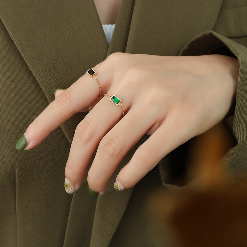 الفولاذ المقاوم للصدأ هندسية سحب سلسلة خاتم الأخضر الزركون تصميم للنساء الذهب Joyeria دي Acero inoxable البوهيمي مجوهرات غرامة