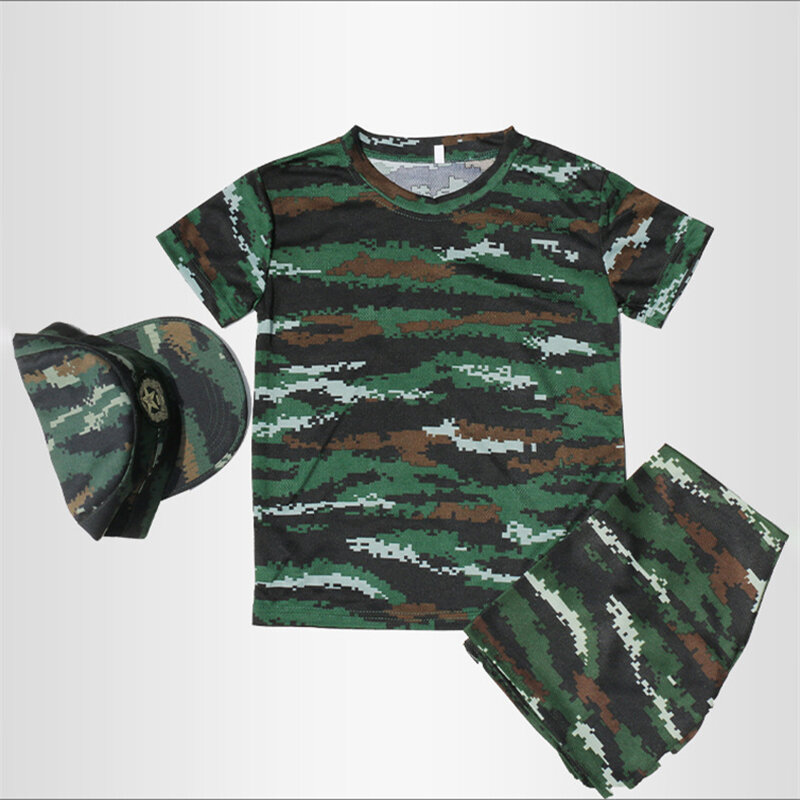 ملابس عسكرية للأطفال مكونة من 3 قطع زي عسكري كشفي تدريب مدرسي تمويه أكمام قصيرة توب بنطلون قبعة arabshoppy