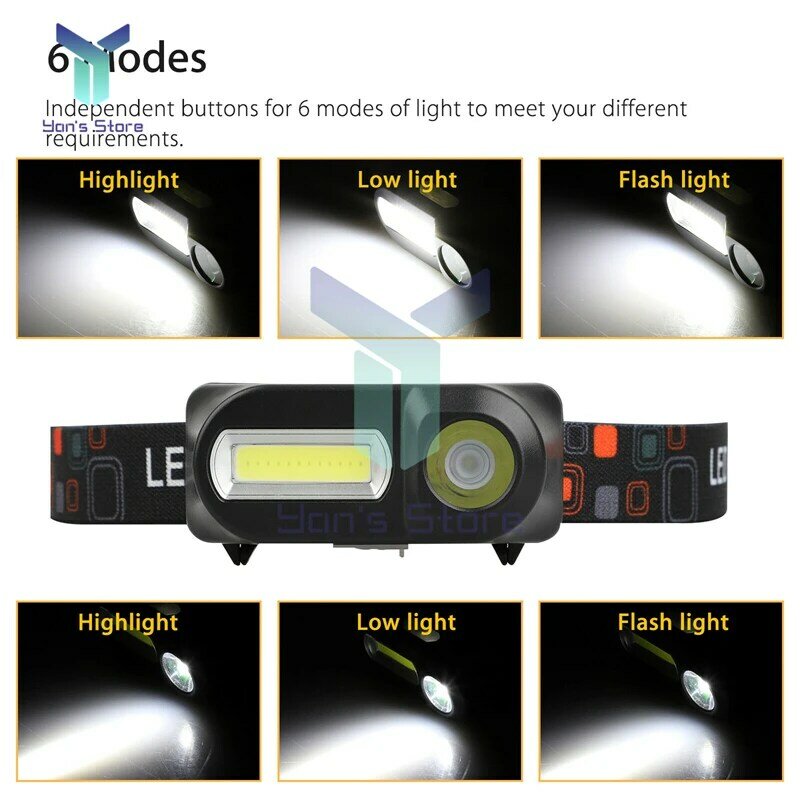 6 Modes USB Rechargeable COB LED Headlamp Headlight Head Light Torch Flashlight 