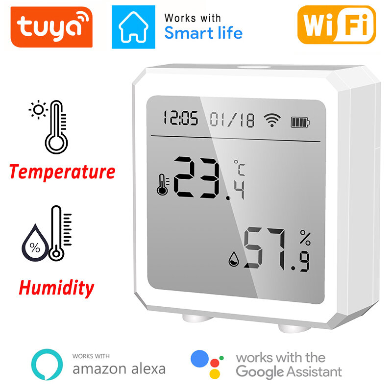 المنزل الذكي شاشة LCD الرقمية كاشف الرطوبة ميزان الحرارة ساعة مكتب تويا واي فاي درجة الحرارة الرطوبة الاستشعار عن أليكسا جوجل