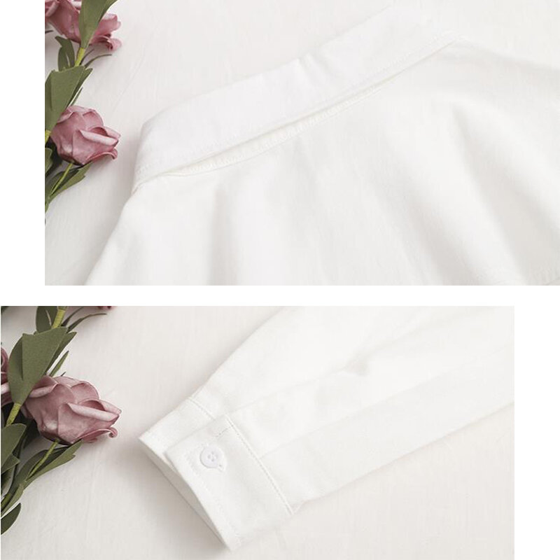 قمصان نسائية بيضاء ربيعية فضفاضة ملابس شارع بسيطة كل مباراة كلية سادة كم طويل Ulzzang أنيقة ملابس غير رسمية قمصان نسائية #6