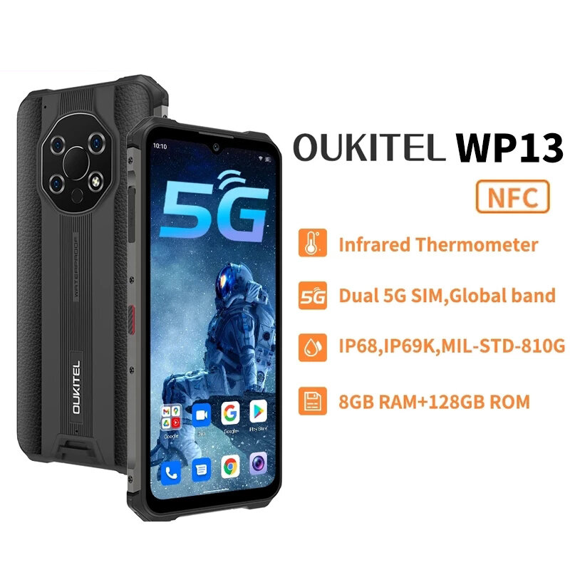 هاتف ذكي OUKITEL WP13 الإصدار العالمي 5G 8GB + 128GB 5280mAh 6.52 'HD + هاتف محمول وعر 48MP MT6833 NFC