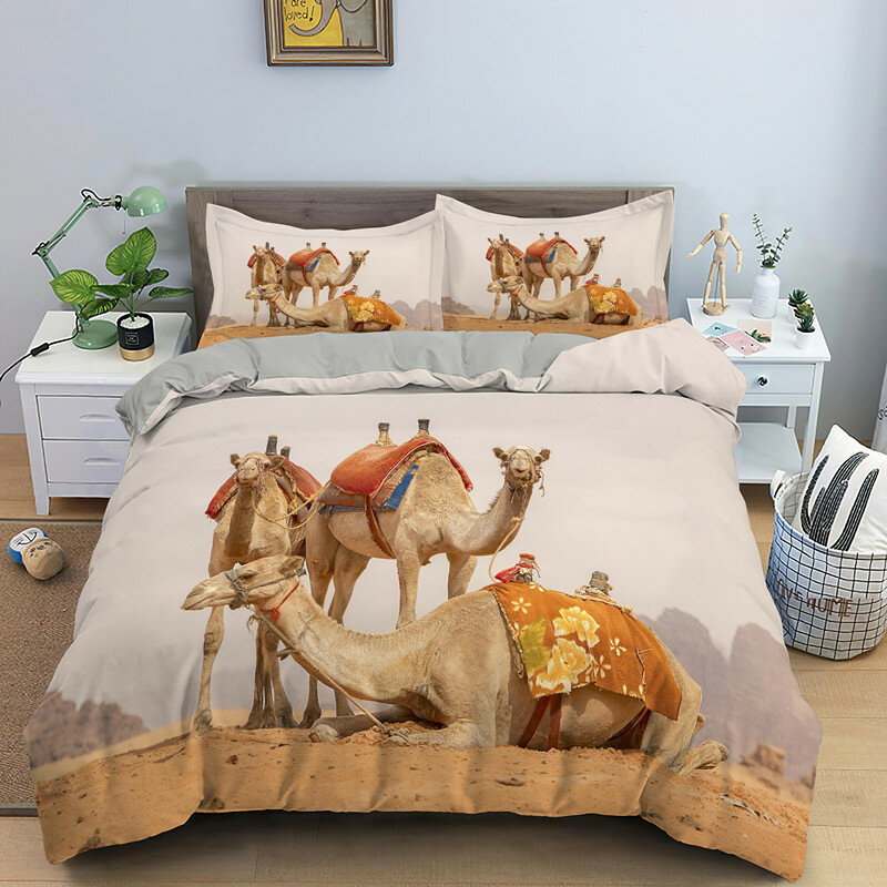 الصحراء الجمل طقم سرير مطبوع الحيوان حاف طقم أغطية واحدة مزدوجة الملك الملكة المعزي يغطي أغطية السرير الفاخرة