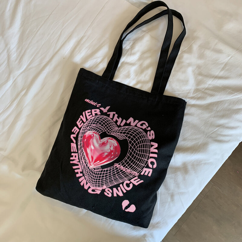 اليابانية القلب طباعة Y2K حقيبة قماش قنب Harajuku رسالة الشرير ins سعة كبيرة المتسوق حقيبة عادية kpop Ulzzang حقائب كتف المرأة
