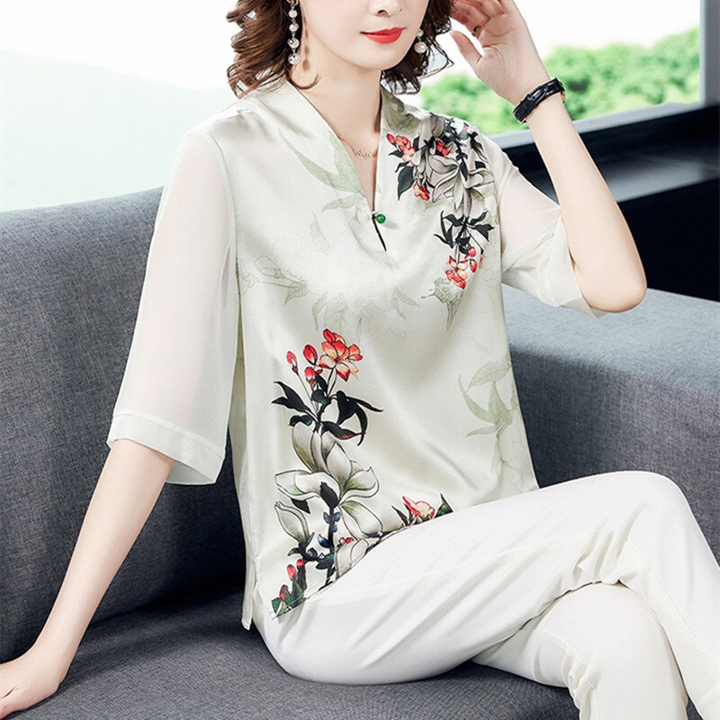 بلوزة حريرية كورية للنساء ، قميص حريري ، مقاس كبير ، أنيقة ، طباعة زهور ، ساتان