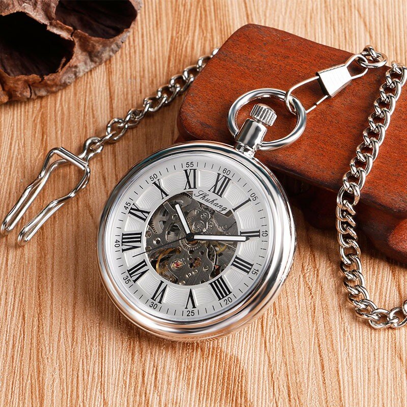 ساعة جيب ميكانيكية أوتوماتيكية فاخرة ، آلية ، هيكلية جير ، أرقام رومانية سوداء ، وجه مفتوح ، هدية للجيب